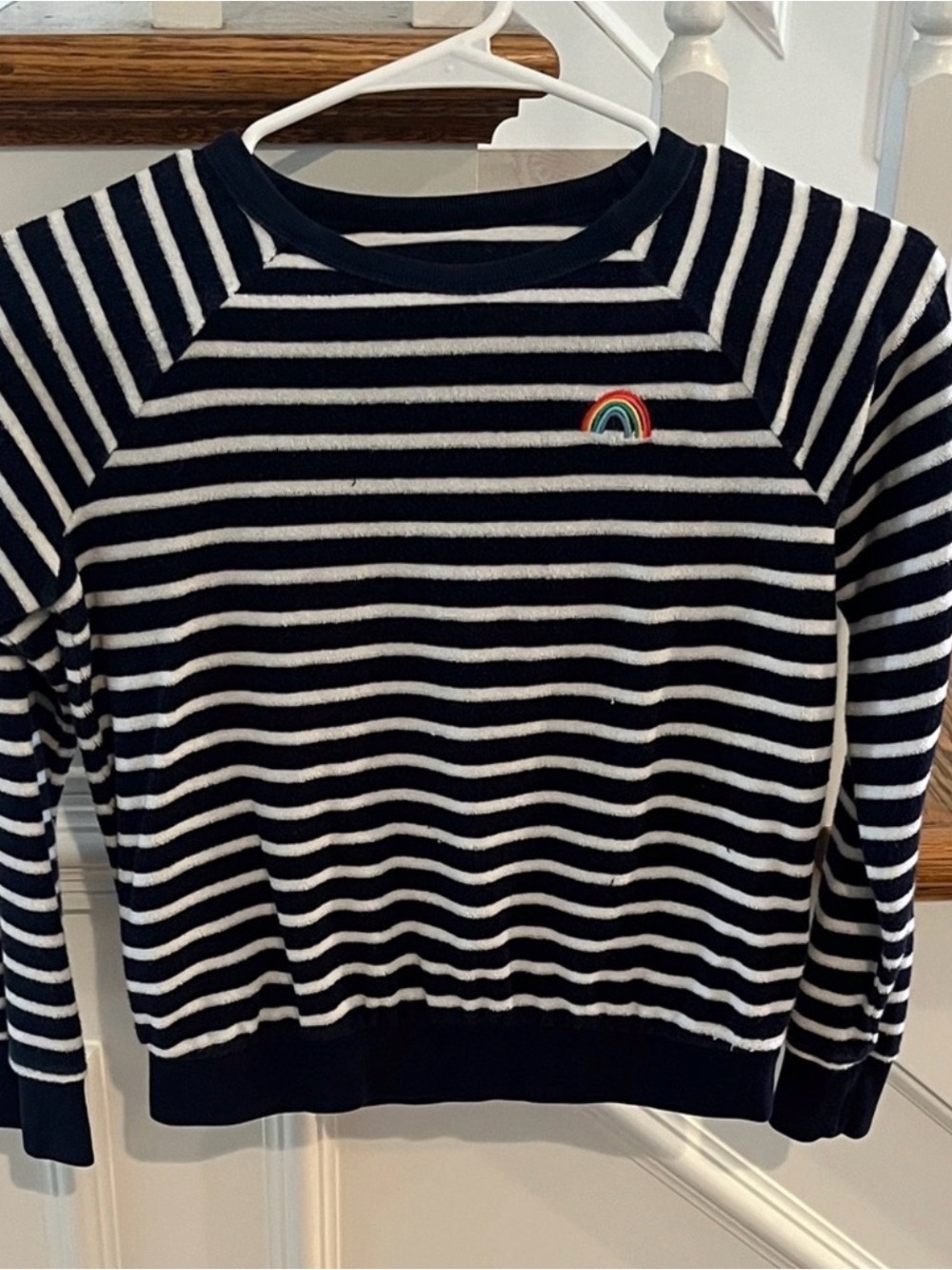 GAP Kids Navy and White Striped Crewneck Sweater with Rainbow Patch